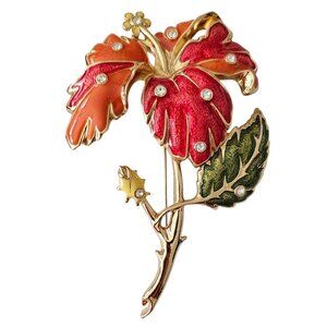 Barrera For Avon Hibiscus Brooch Enamel Clear Rhinestone Statement Pin, L564
